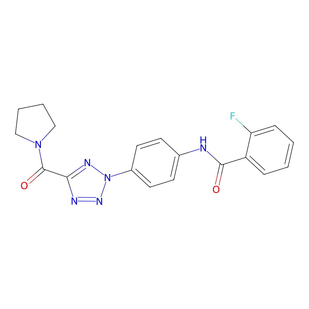2-fluoro-N-(4-(5-(pyrrolidine-1-carbonyl)-2H-tetrazol-2-yl)phenyl)benzamide molecular structure, CAS 1396801-88-9