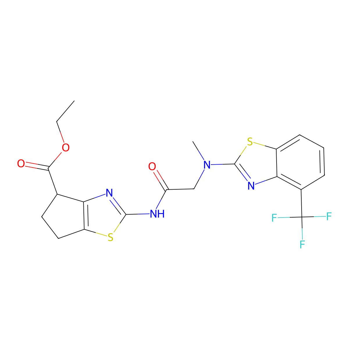ethyl 2-(2-(methyl(4-(trifluoromethyl)benzo[d]thiazol-2-yl)amino)acetamido)-5,6-dihydro-4H-cyclopenta[d]thiazole-4-carboxylate molecular structure, CAS 1396802-12-2