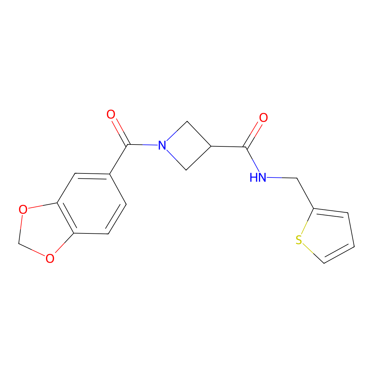 1-(2H-1,3-benzodioxole-5-carbonyl)-N-[(thiophen-2-yl)methyl]azetidine-3-carboxamide molecular structure, CAS 1396802-15-5