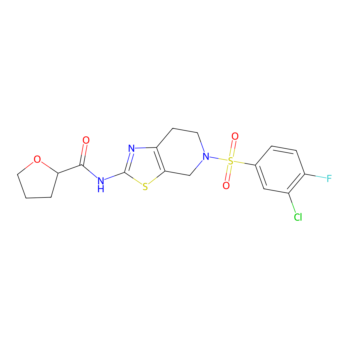 N-(5-((3-chloro-4-fluorophenyl)sulfonyl)-4,5,6,7-tetrahydrothiazolo[5,4-c]pyridin-2-yl)tetrahydrofuran-2-carboxamide molecular structure, CAS 1396802-19-9