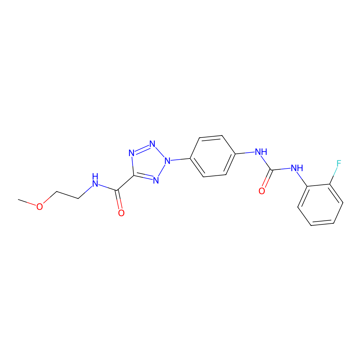 2-(4-(3-(2-fluorophenyl)ureido)phenyl)-N-(2-methoxyethyl)-2H-tetrazole-5-carboxamide molecular structure, CAS 1396802-23-5