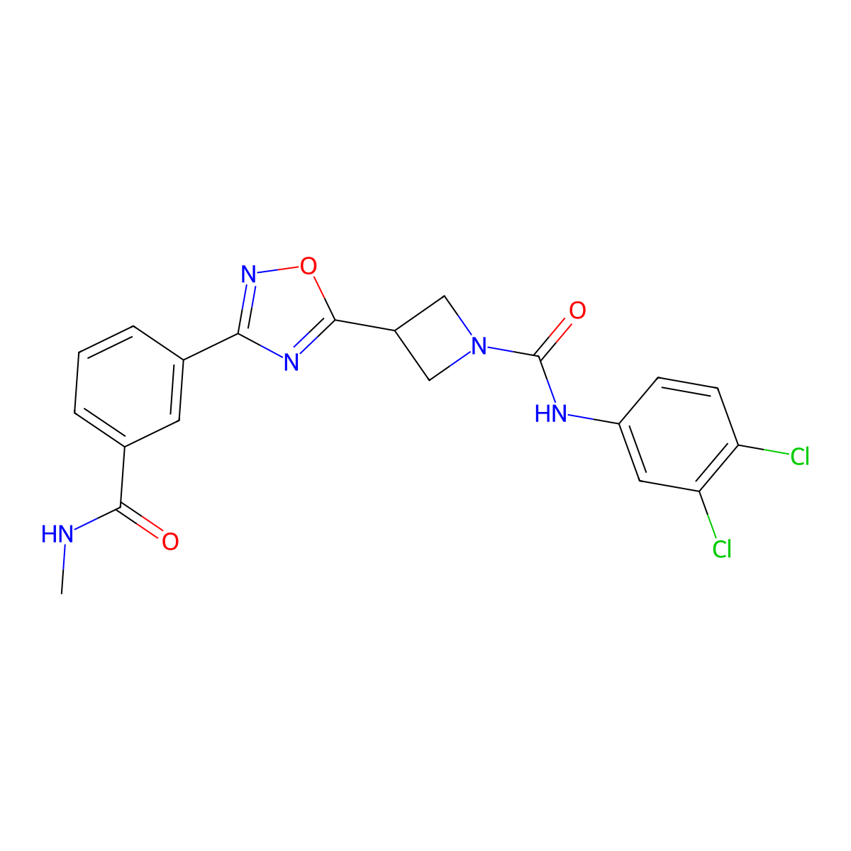 N-(3,4-dichlorophenyl)-3-(3-(3-(methylcarbamoyl)phenyl)-1,2,4-oxadiazol-5-yl)azetidine-1-carboxamide molecular structure, CAS 1396802-36-0
