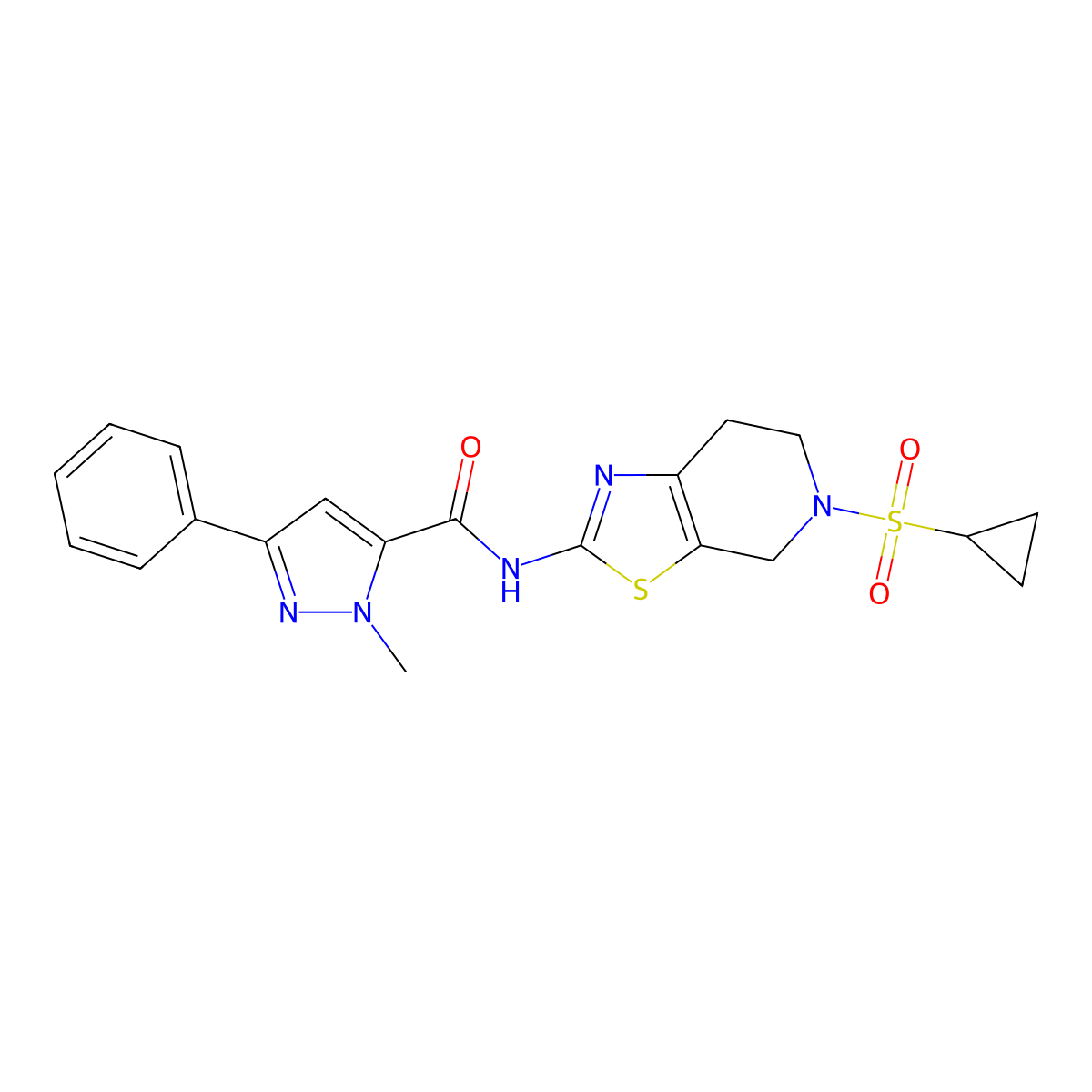 N-(5-(cyclopropylsulfonyl)-4,5,6,7-tetrahydrothiazolo[5,4-c]pyridin-2-yl)-1-methyl-3-phenyl-1H-pyrazole-5-carboxamide molecular structure, CAS 1396802-43-9