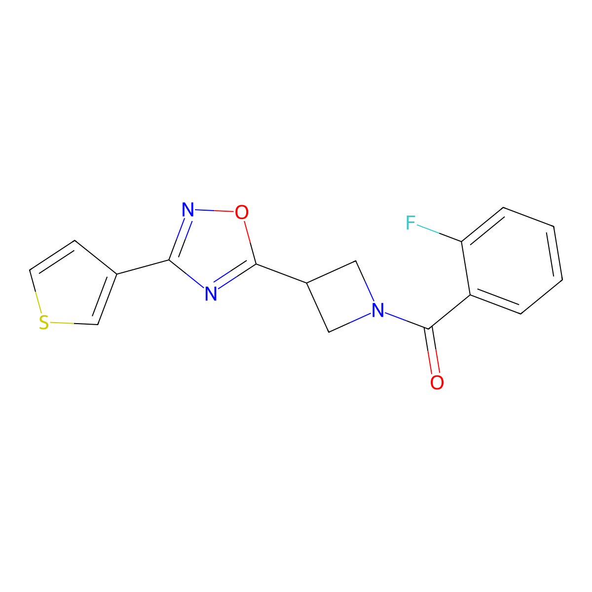 (2-Fluorophenyl)(3-(3-(thiophen-3-yl)-1,2,4-oxadiazol-5-yl)azetidin-1-yl)methanone molecular structure, CAS 1396802-44-0