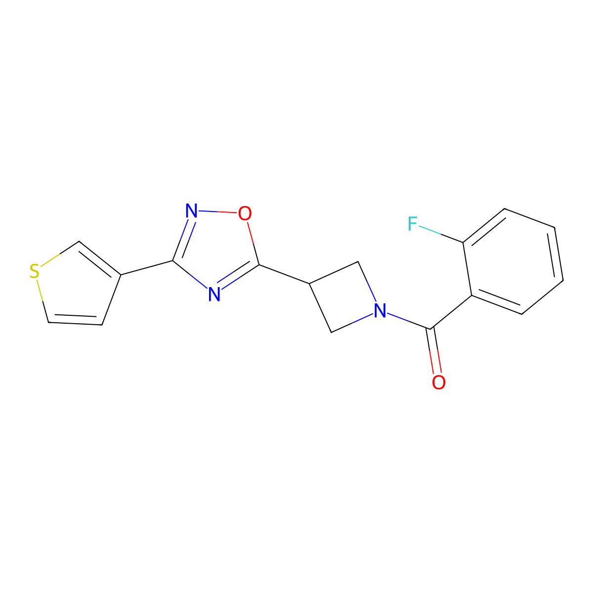 (2-Fluorophenyl)(3-(3-(thiophen-3-yl)-1,2,4-oxadiazol-5-yl)azetidin-1-yl)methanone molecular structure, CAS 1396802-44-0