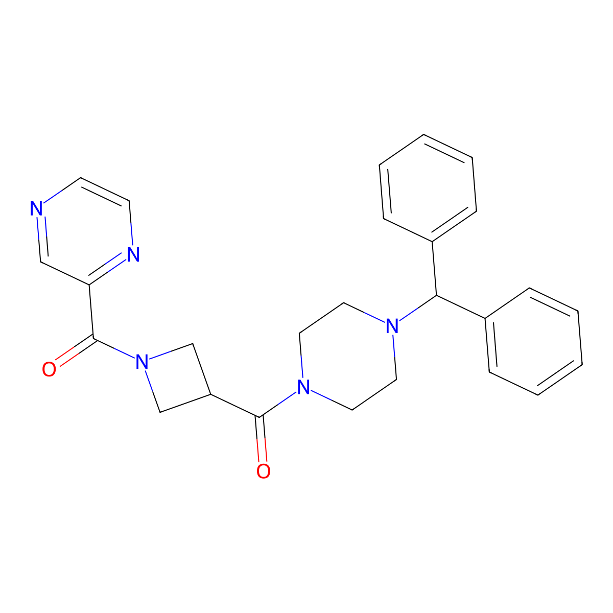 (4-Benzhydrylpiperazin-1-yl)(1-(pyrazine-2-carbonyl)azetidin-3-yl)methanone molecular structure, CAS 1396802-47-3