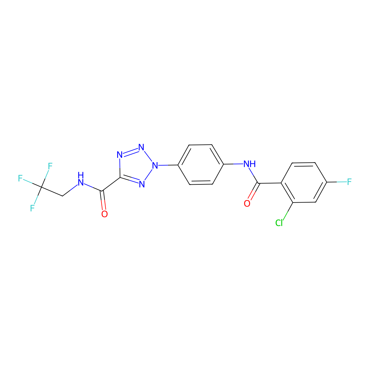 2-(4-(2-chloro-4-fluorobenzamido)phenyl)-N-(2,2,2-trifluoroethyl)-2H-tetrazole-5-carboxamide molecular structure, CAS 1396802-50-8