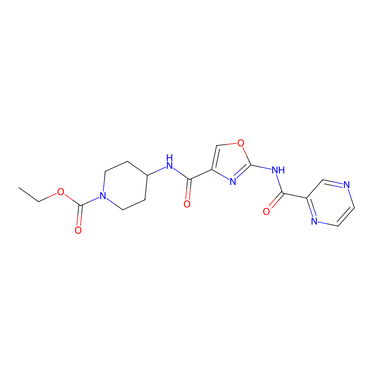 Ethyl 4-[2-(pyrazine-2-amido)-1,3-oxazole-4-amido]piperidine-1-carboxylate molecular structure, CAS 1396802-63-3