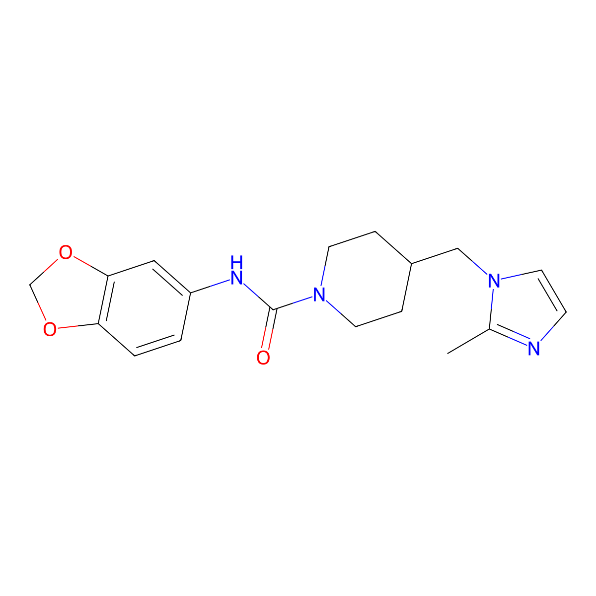 N-(benzo[d][1,3]dioxol-5-yl)-4-((2-methyl-1H-imidazol-1-yl)methyl)piperidine-1-carboxamide molecular structure, CAS 1396802-83-7
