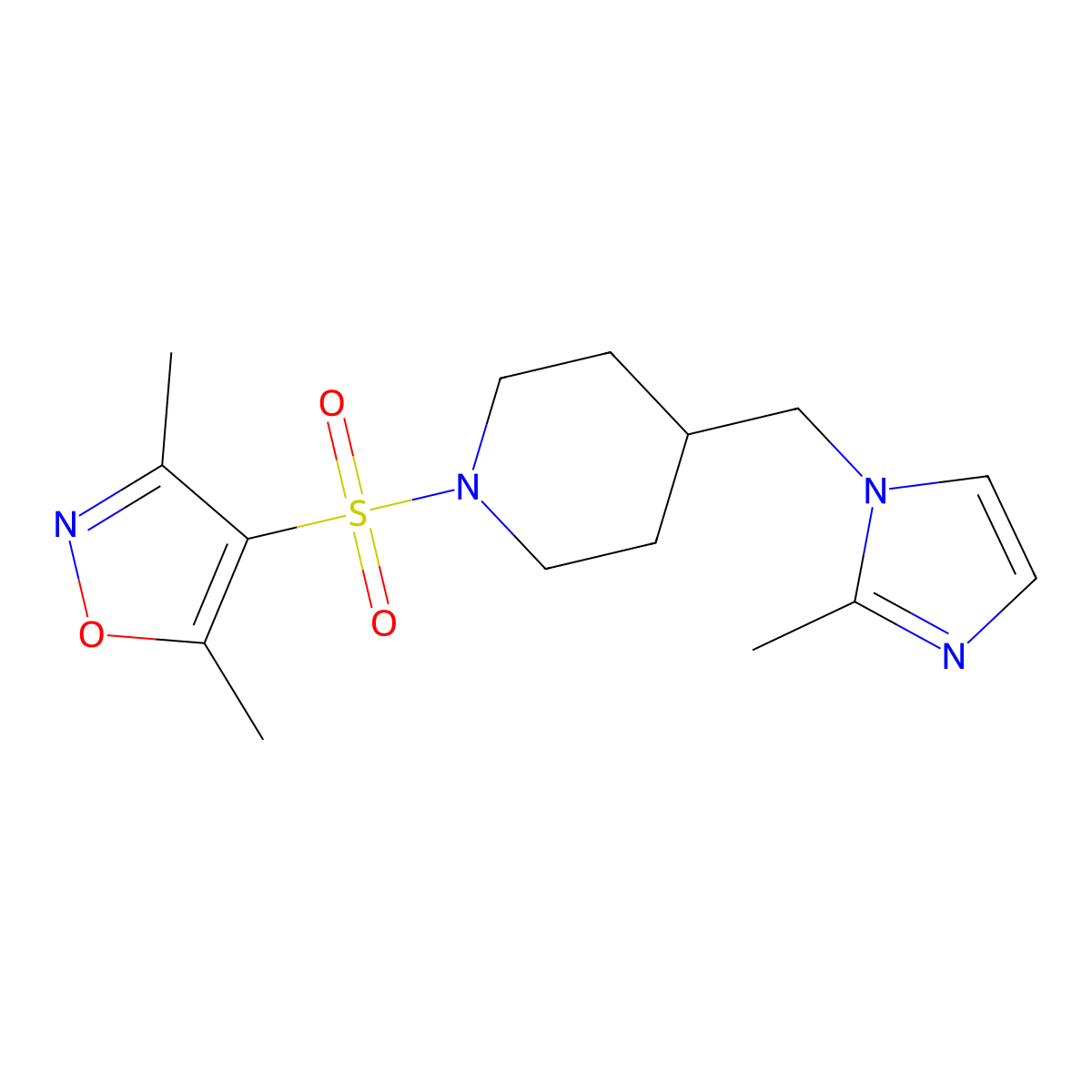 3,5-dimethyl-4-((4-((2-methyl-1H-imidazol-1-yl)methyl)piperidin-1-yl)sulfonyl)isoxazole molecular structure, CAS 1396803-03-4