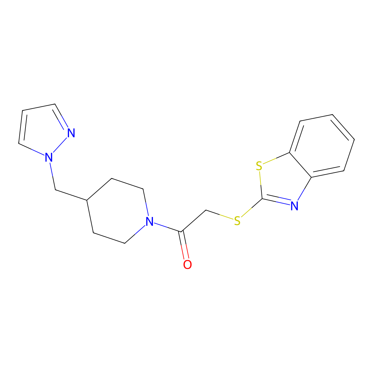 2-(1,3-benzothiazol-2-ylsulfanyl)-1-{4-[(1H-pyrazol-1-yl)methyl]piperidin-1-yl}ethan-1-one molecular structure, CAS 1396803-27-2