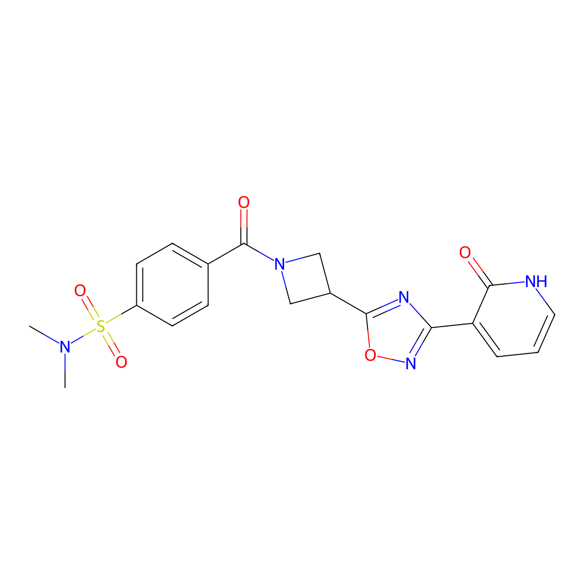 N,N-dimethyl-4-(3-(3-(2-oxo-1,2-dihydropyridin-3-yl)-1,2,4-oxadiazol-5-yl)azetidine-1-carbonyl)benzenesulfonamide molecular structure, CAS 1396803-45-4