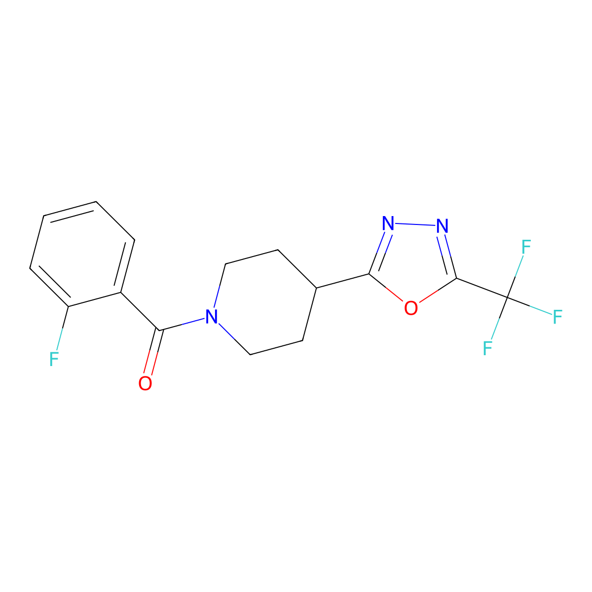 (2-Fluorophenyl)(4-(5-(trifluoromethyl)-1,3,4-oxadiazol-2-yl)piperidin-1-yl)methanone molecular structure, CAS 1396805-49-4