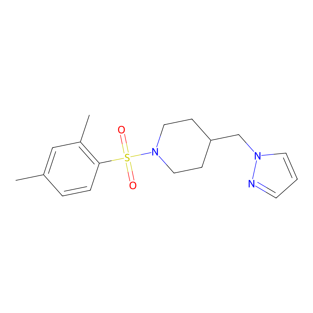 4-((1H-pyrazol-1-yl)methyl)-1-((2,4-dimethylphenyl)sulfonyl)piperidine molecular structure, CAS 1396805-54-1