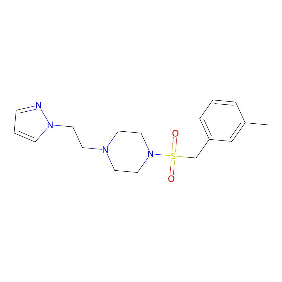 1-(2-(1H-pyrazol-1-yl)ethyl)-4-((3-methylbenzyl)sulfonyl)piperazine molecular structure, CAS 1396805-56-3