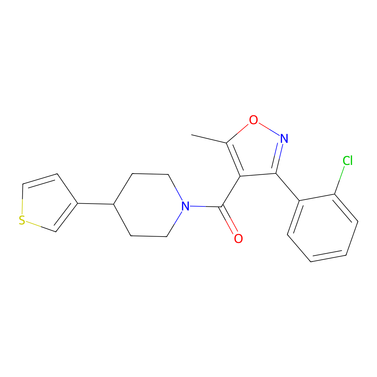 (3-(2-Chlorophenyl)-5-methylisoxazol-4-yl)(4-(thiophen-3-yl)piperidin-1-yl)methanone molecular structure, CAS 1396805-60-9