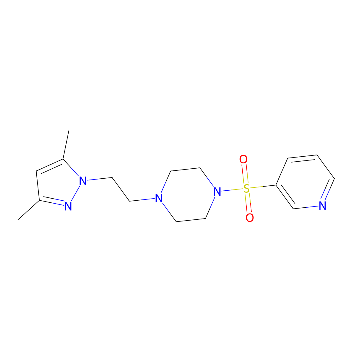 1-(2-(3,5-dimethyl-1H-pyrazol-1-yl)ethyl)-4-(pyridin-3-ylsulfonyl)piperazine molecular structure, CAS 1396805-62-1