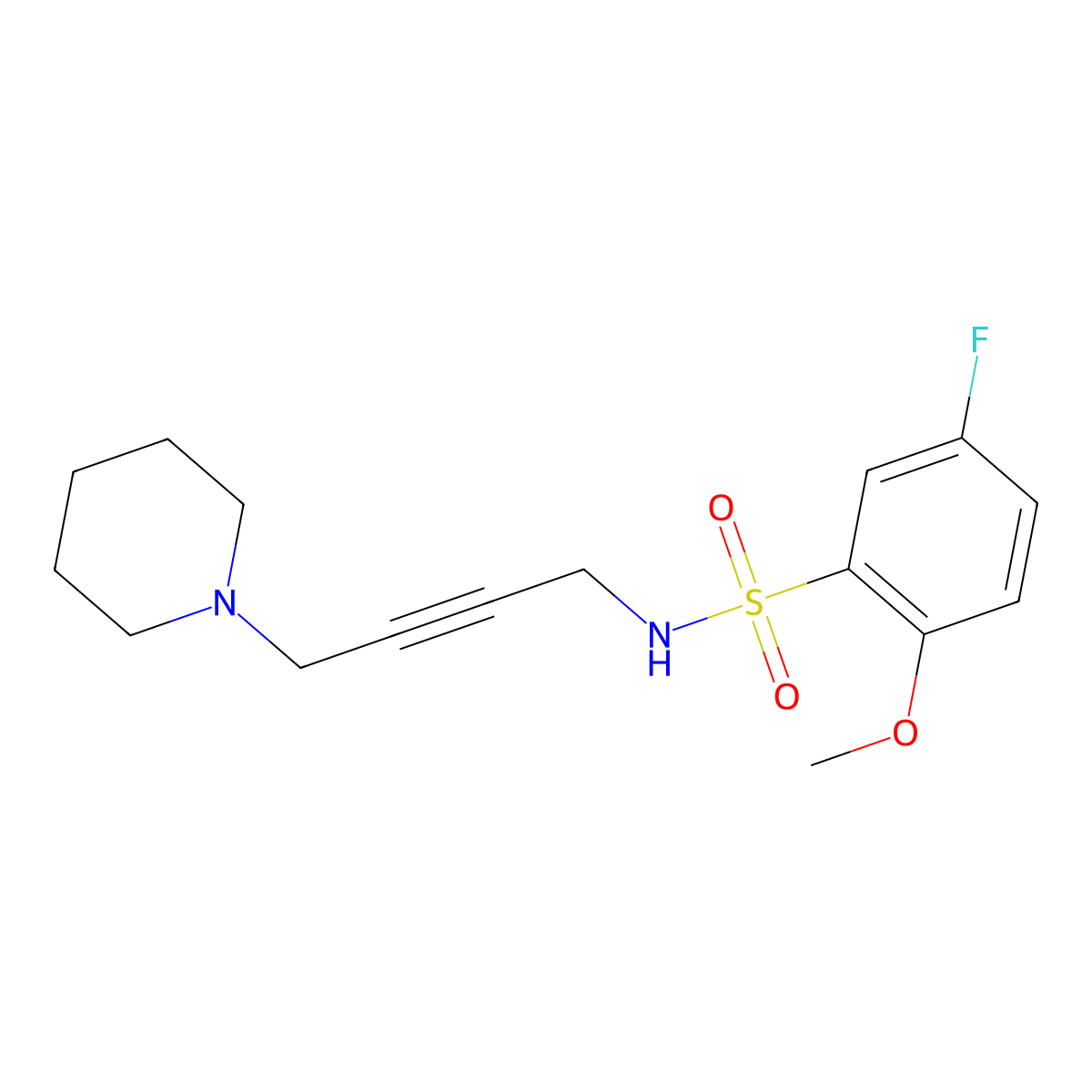 5-fluoro-2-methoxy-N-(4-(piperidin-1-yl)but-2-yn-1-yl)benzenesulfonamide molecular structure, CAS 1396805-63-2