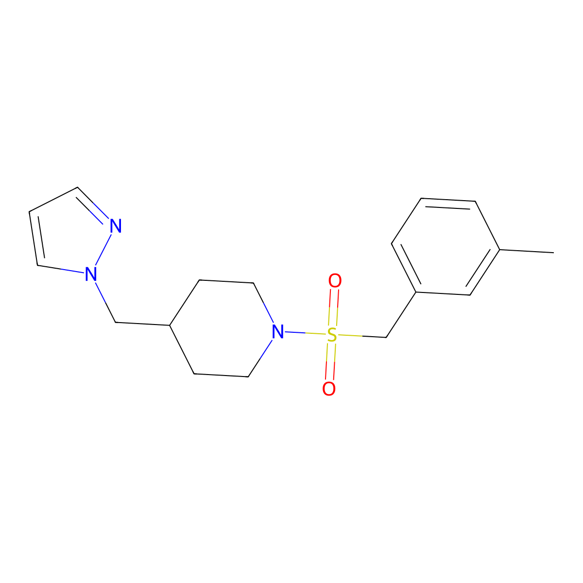 4-((1H-pyrazol-1-yl)methyl)-1-((3-methylbenzyl)sulfonyl)piperidine molecular structure, CAS 1396805-66-5