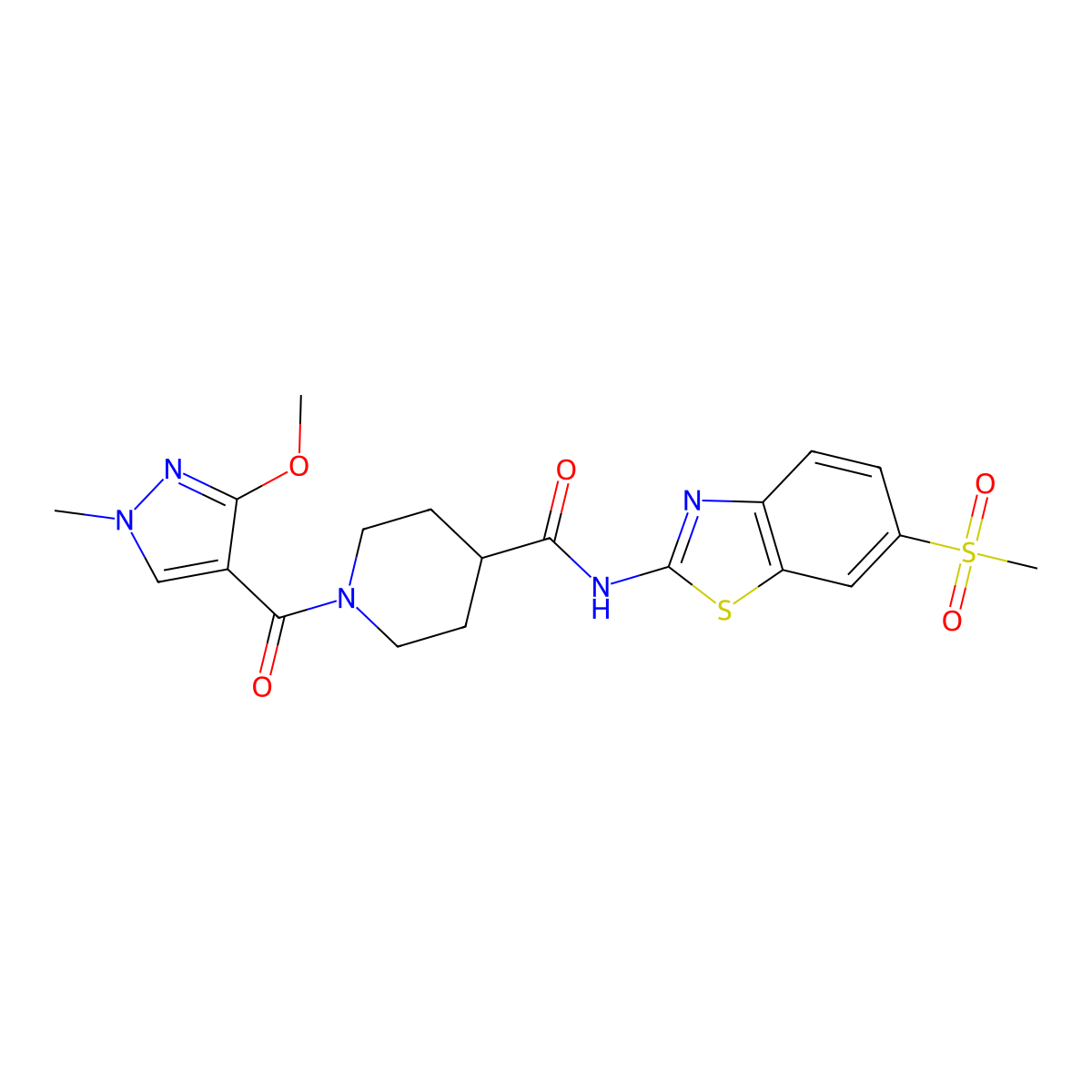 1-(3-methoxy-1-methyl-1H-pyrazole-4-carbonyl)-N-(6-(methylsulfonyl)benzo[d]thiazol-2-yl)piperidine-4-carboxamide molecular structure, CAS 1396805-76-7