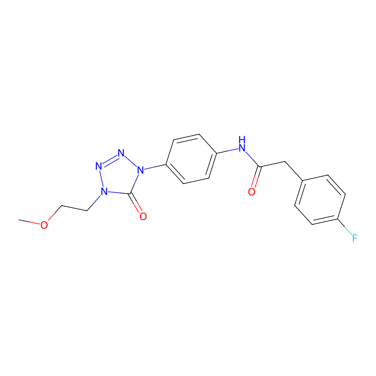 2-(4-fluorophenyl)-N-(4-(4-(2-methoxyethyl)-5-oxo-4,5-dihydro-1H-tetrazol-1-yl)phenyl)acetamide molecular structure, CAS 1396805-85-8
