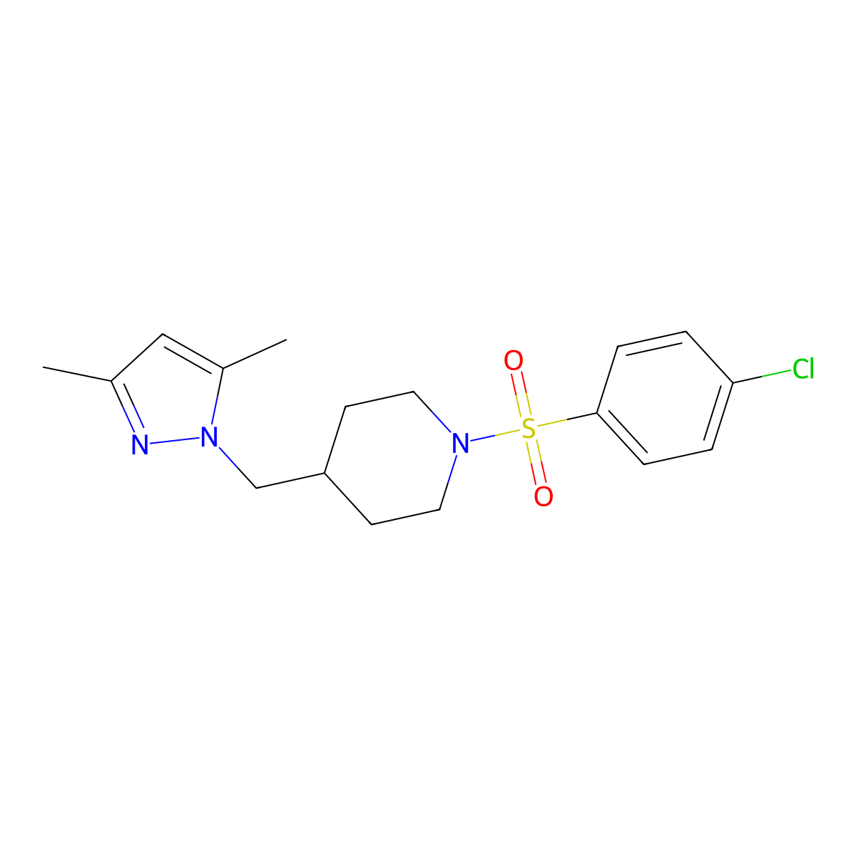 1-((4-chlorophenyl)sulfonyl)-4-((3,5-dimethyl-1H-pyrazol-1-yl)methyl)piperidine molecular structure, CAS 1396805-88-1