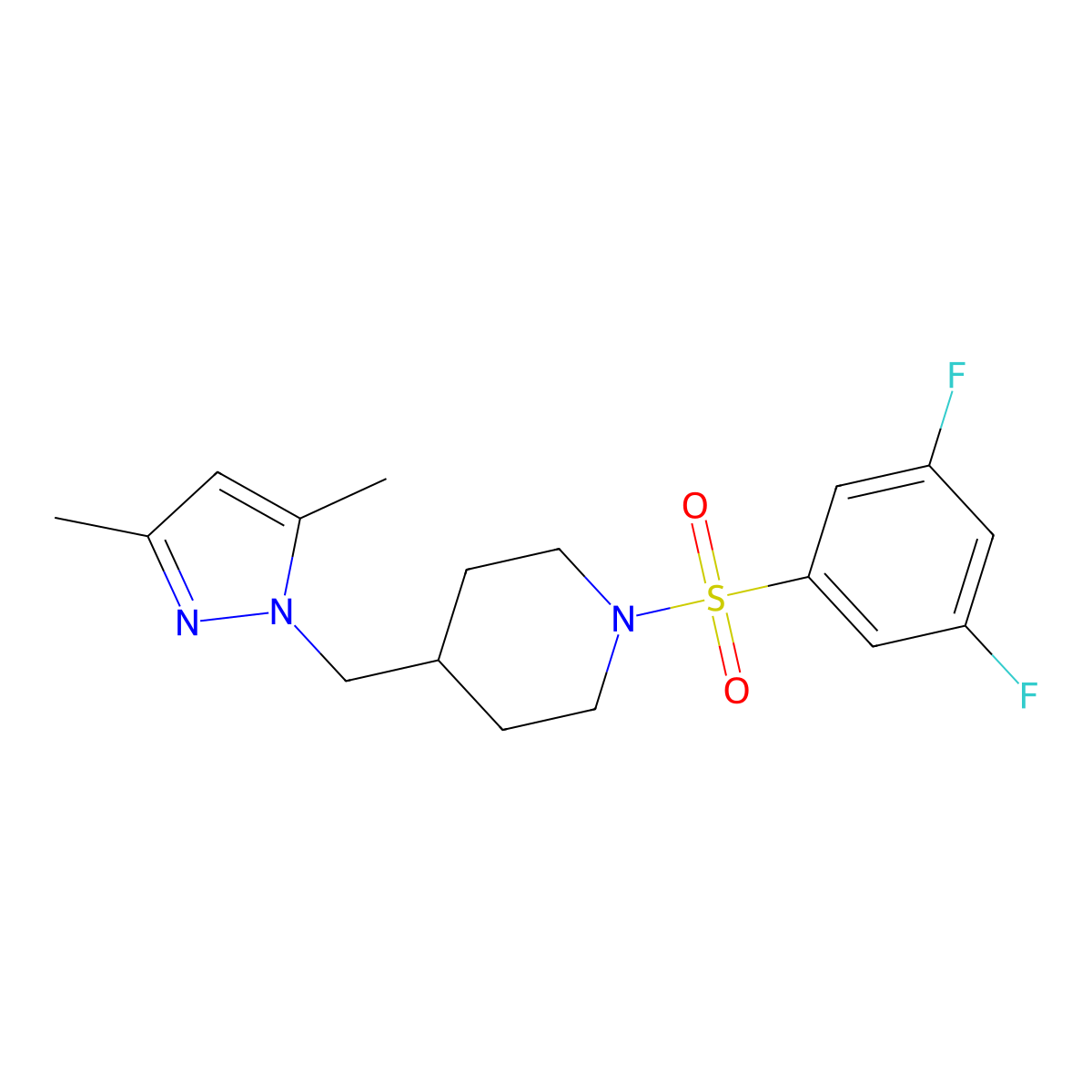 1-((3,5-difluorophenyl)sulfonyl)-4-((3,5-dimethyl-1H-pyrazol-1-yl)methyl)piperidine molecular structure, CAS 1396806-00-0