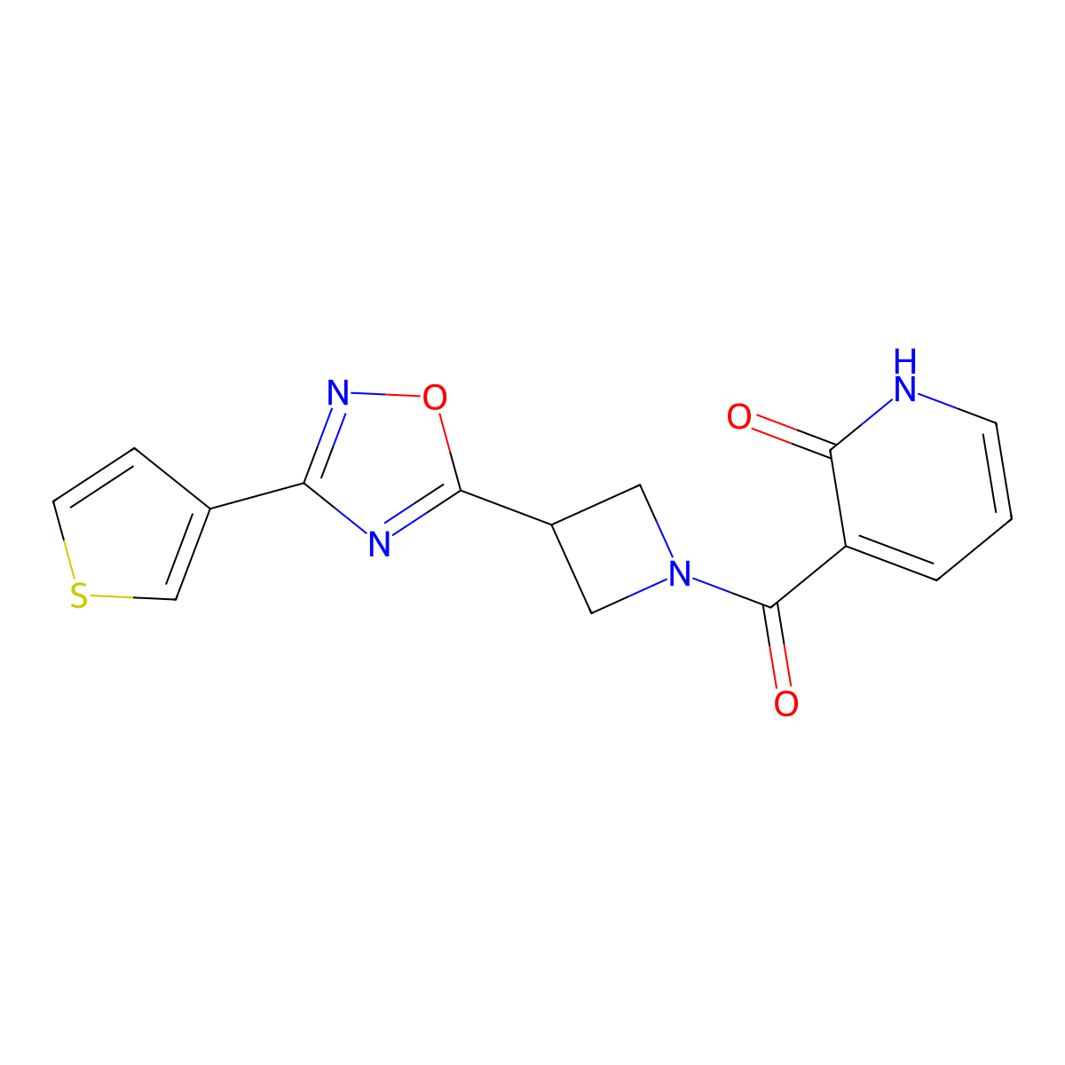 3-(3-(3-(thiophen-3-yl)-1,2,4-oxadiazol-5-yl)azetidine-1-carbonyl)pyridin-2(1H)-one molecular structure, CAS 1396806-15-7