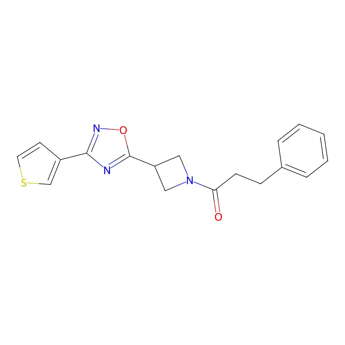 3-Phenyl-1-(3-(3-(thiophen-3-yl)-1,2,4-oxadiazol-5-yl)azetidin-1-yl)propan-1-one molecular structure, CAS 1396806-20-4