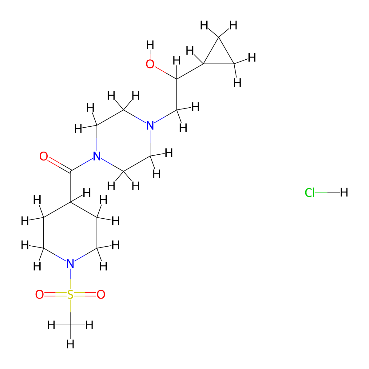 (4-(2-Cyclopropyl-2-hydroxyethyl)piperazin-1-yl)(1-(methylsulfonyl)piperidin-4-yl)methanone hydrochloride molecular structure, CAS 1396806-35-1