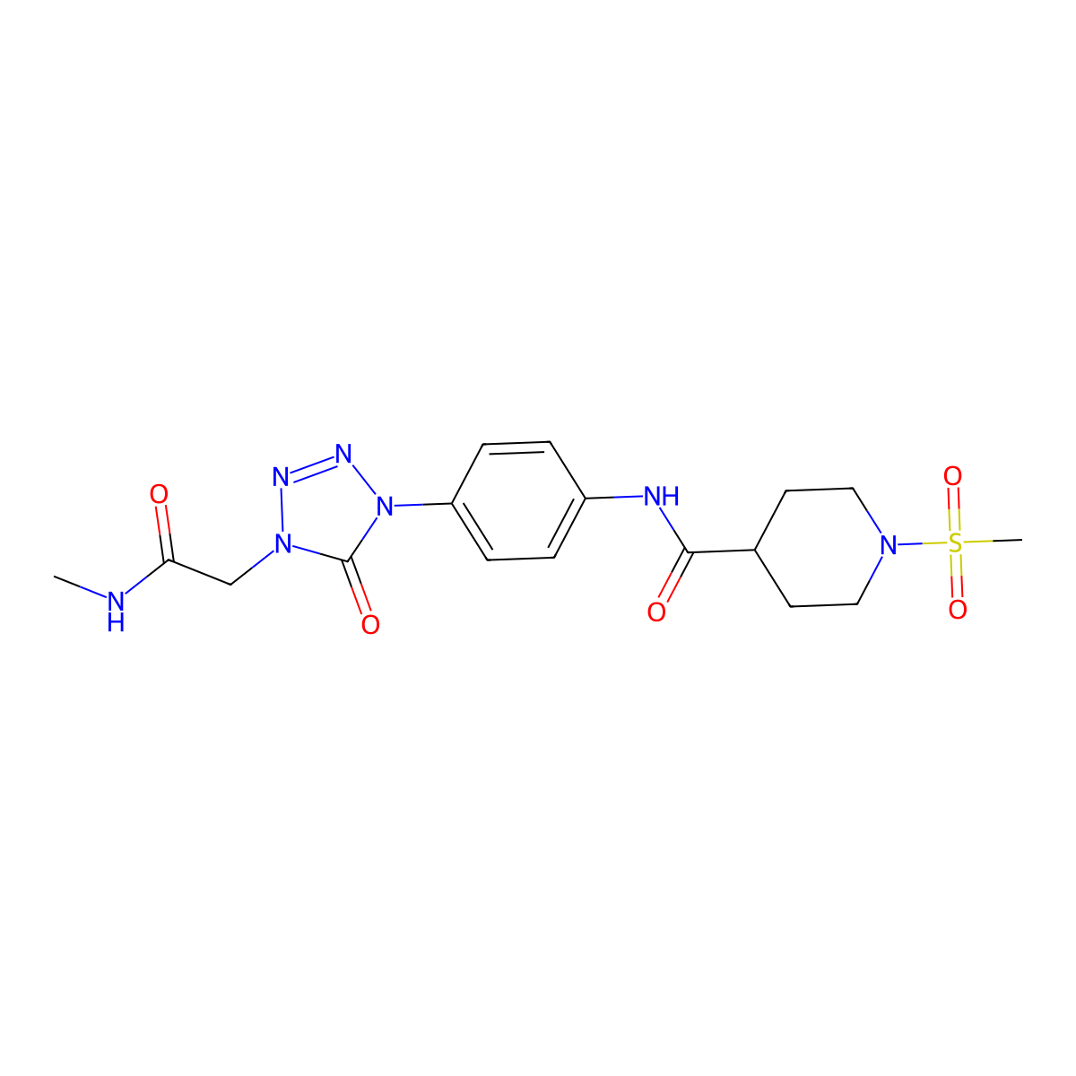 N-(4-(4-(2-(methylamino)-2-oxoethyl)-5-oxo-4,5-dihydro-1H-tetrazol-1-yl)phenyl)-1-(methylsulfonyl)piperidine-4-carboxamide molecular structure, CAS 1396806-36-2