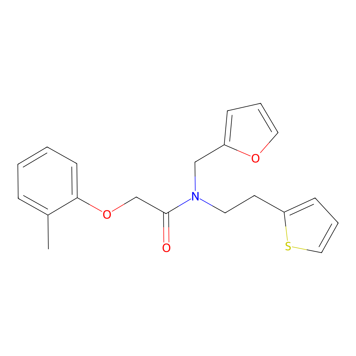 N-(furan-2-ylmethyl)-N-(2-(thiophen-2-yl)ethyl)-2-(o-tolyloxy)acetamide molecular structure, CAS 1396806-43-1