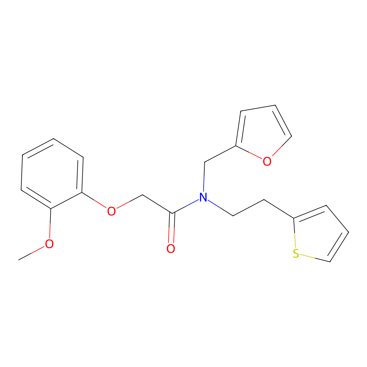 N-(furan-2-ylmethyl)-2-(2-methoxyphenoxy)-N-(2-(thiophen-2-yl)ethyl)acetamide molecular structure, CAS 1396806-54-4