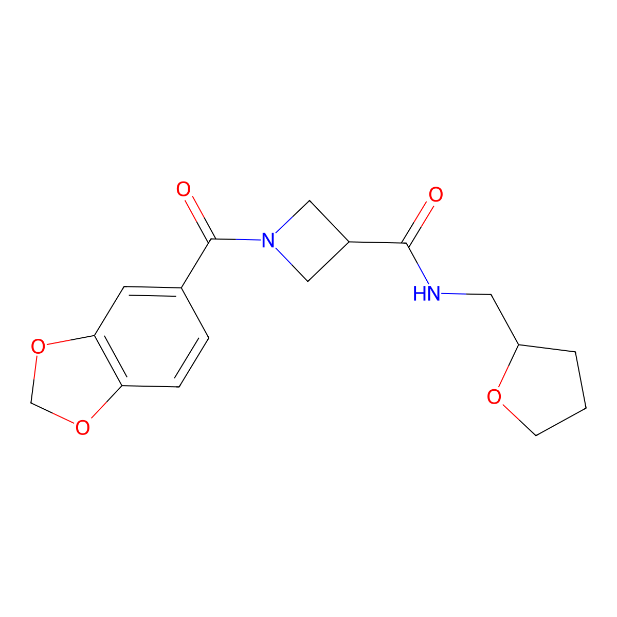 1-(benzo[d][1,3]dioxole-5-carbonyl)-N-((tetrahydrofuran-2-yl)methyl)azetidine-3-carboxamide molecular structure, CAS 1396806-61-3