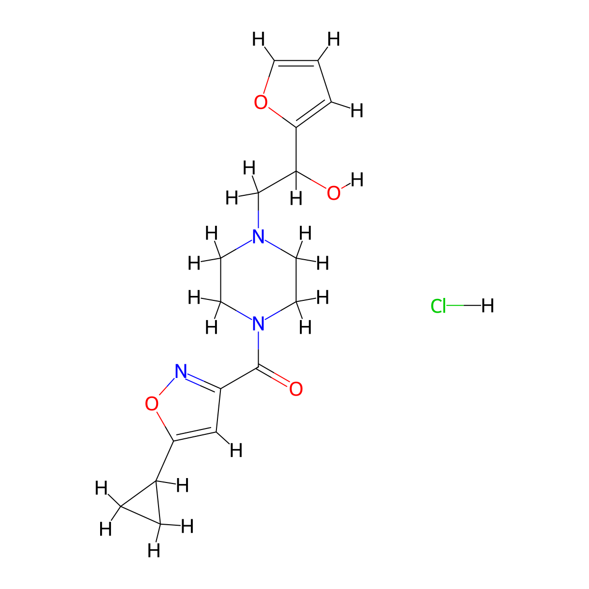 (5-Cyclopropylisoxazol-3-yl)(4-(2-(furan-2-yl)-2-hydroxyethyl)piperazin-1-yl)methanone hydrochloride molecular structure, CAS 1396806-70-4