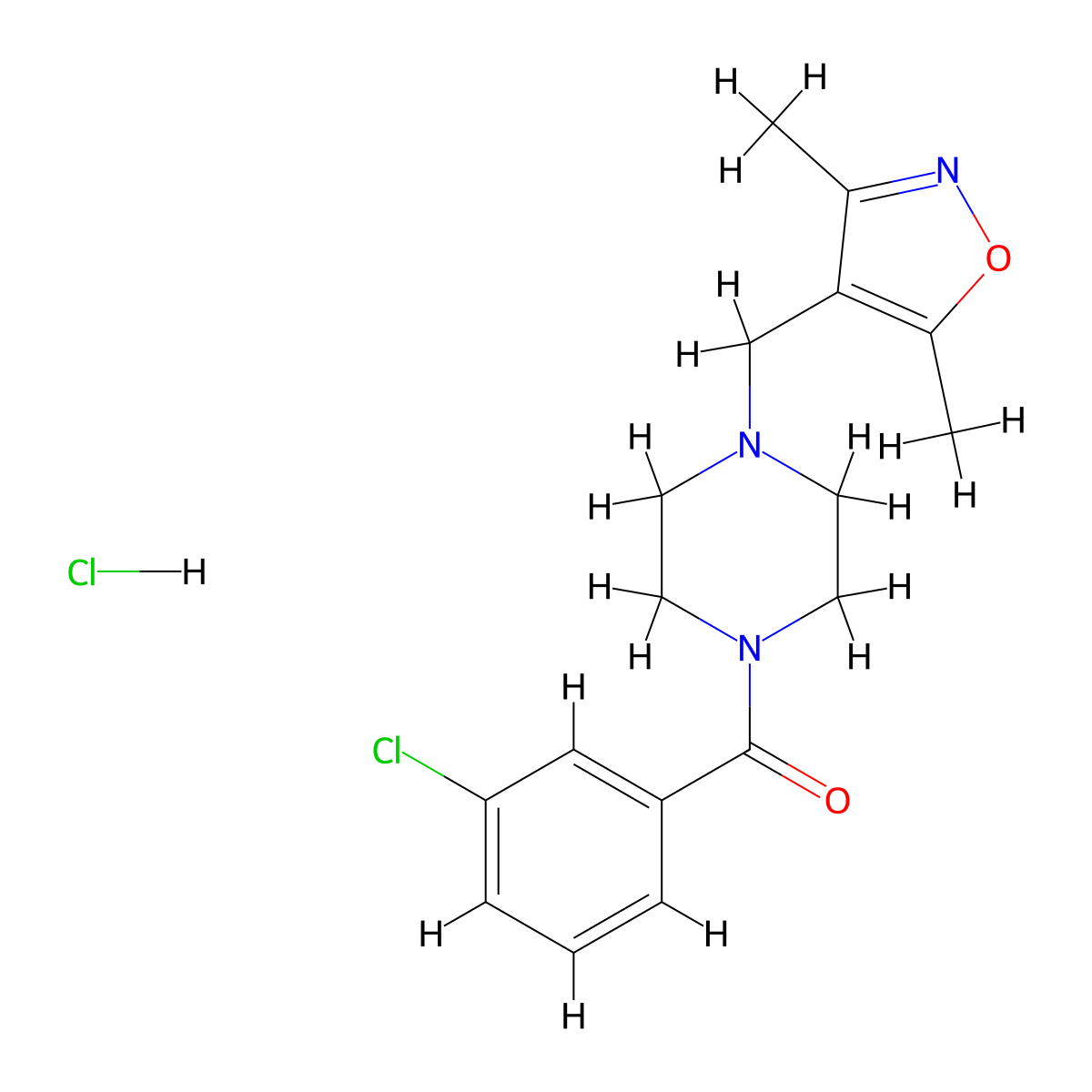 (3-Chlorophenyl)(4-((3,5-dimethylisoxazol-4-yl)methyl)piperazin-1-yl)methanone hydrochloride molecular structure, CAS 1396806-79-3