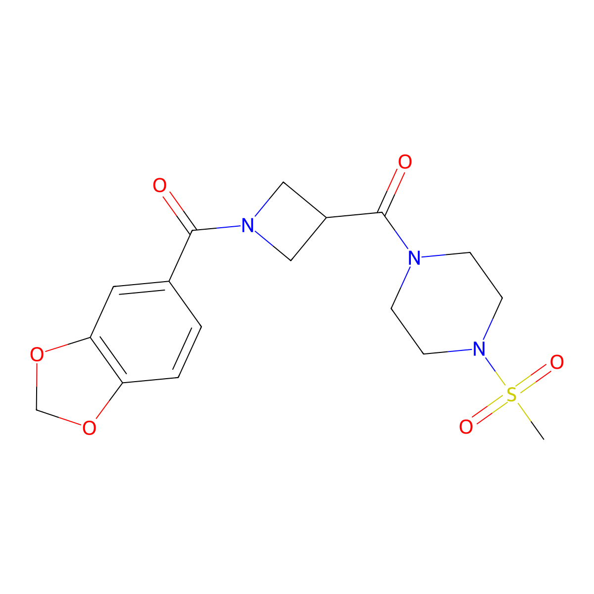 Benzo[d][1,3]dioxol-5-yl(3-(4-(methylsulfonyl)piperazine-1-carbonyl)azetidin-1-yl)methanone molecular structure, CAS 1396806-84-0