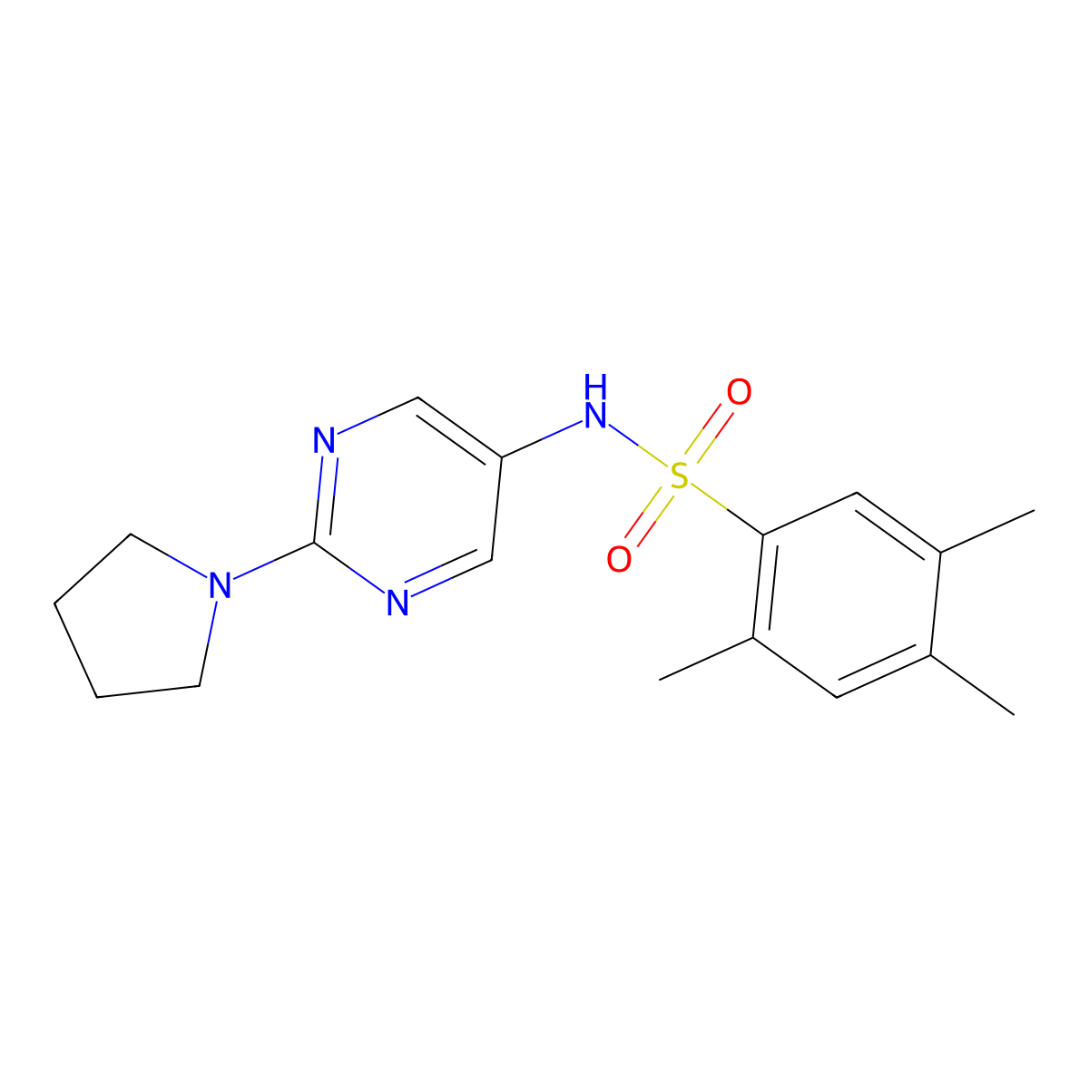 2,4,5-trimethyl-N-(2-(pyrrolidin-1-yl)pyrimidin-5-yl)benzenesulfonamide molecular structure, CAS 1396807-04-7