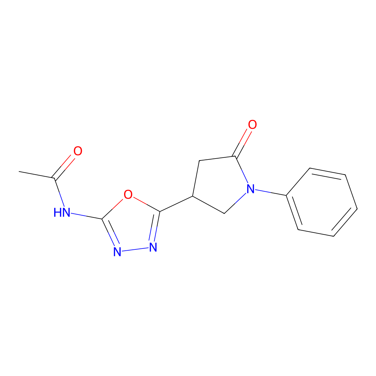 N-[5-(5-oxo-1-phenylpyrrolidin-3-yl)-1,3,4-oxadiazol-2-yl]acetamide molecular structure, CAS 1396807-11-6