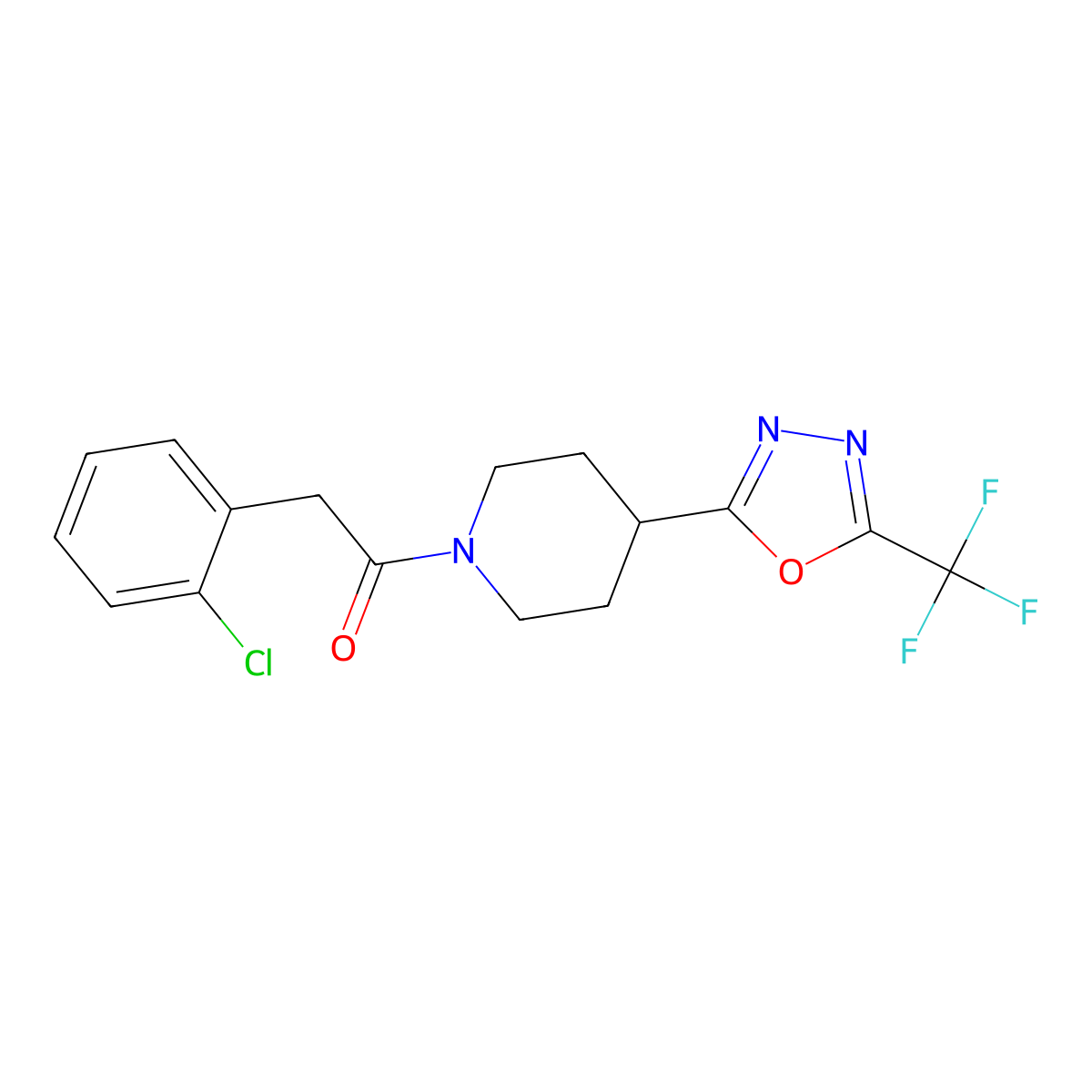 2-(2-Chlorophenyl)-1-{4-[5-(trifluoromethyl)-1,3,4-oxadiazol-2-yl]piperidin-1-yl}ethan-1-one molecular structure, CAS 1396807-14-9