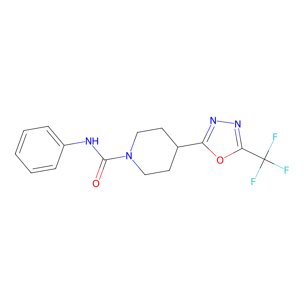 N-phenyl-4-[5-(trifluoromethyl)-1,3,4-oxadiazol-2-yl]piperidine-1-carboxamide molecular structure, CAS 1396807-21-8