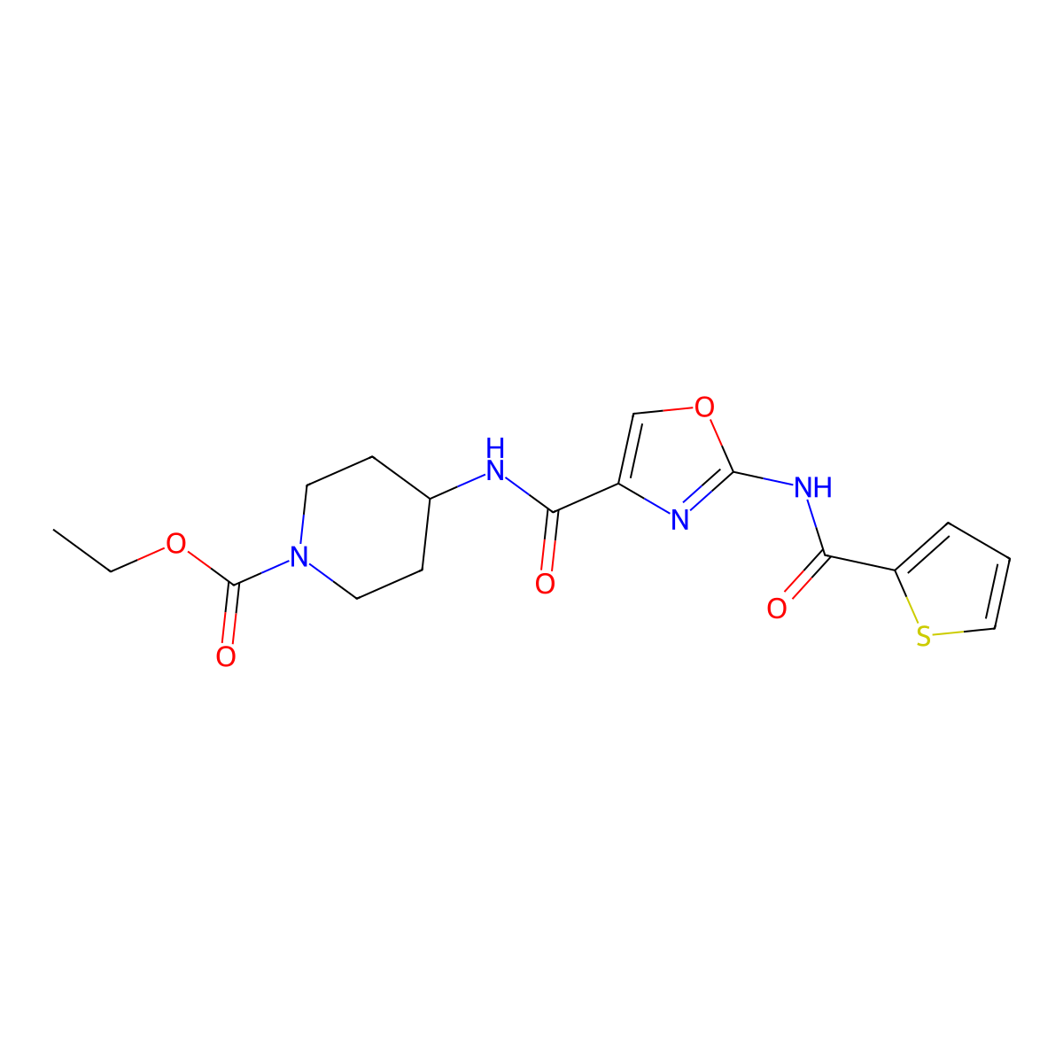 Ethyl 4-(2-(thiophene-2-carboxamido)oxazole-4-carboxamido)piperidine-1-carboxylate molecular structure, CAS 1396807-23-0