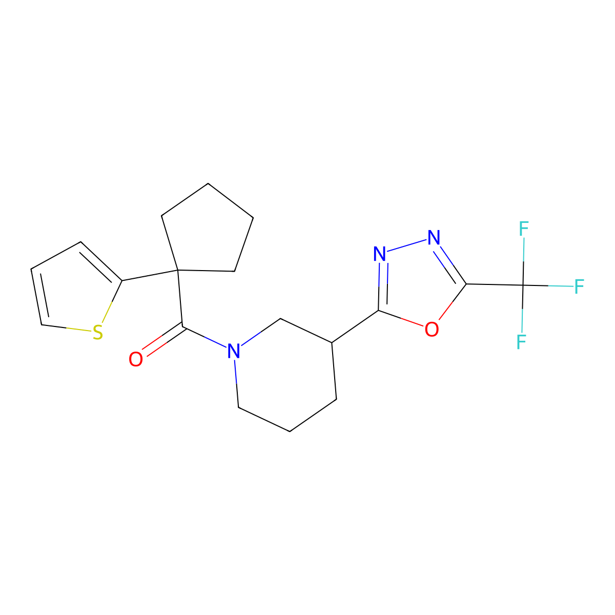 (1-(Thiophen-2-yl)cyclopentyl)(3-(5-(trifluoromethyl)-1,3,4-oxadiazol-2-yl)piperidin-1-yl)methanone molecular structure, CAS 1396807-37-6