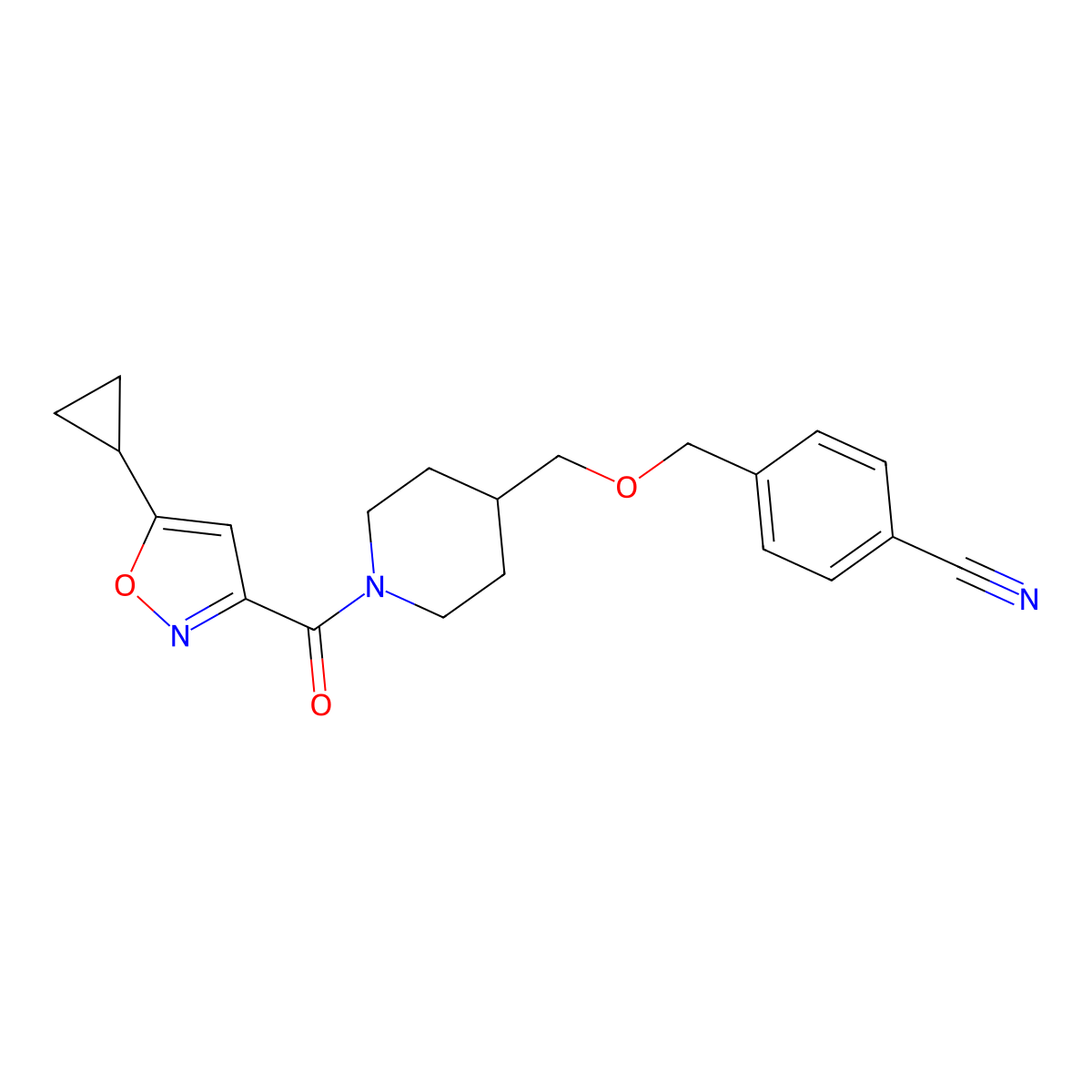 4-(((1-(5-Cyclopropylisoxazole-3-carbonyl)piperidin-4-yl)methoxy)methyl)benzonitrile molecular structure, CAS 1396807-47-8