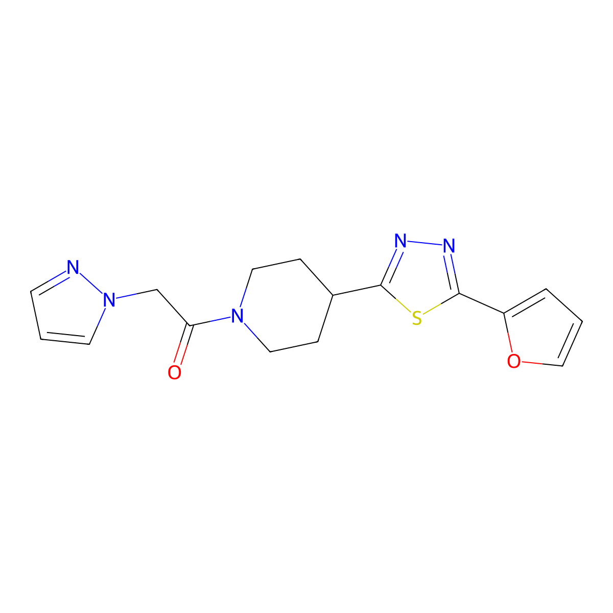 1-{4-[5-(furan-2-yl)-1,3,4-thiadiazol-2-yl]piperidin-1-yl}-2-(1H-pyrazol-1-yl)ethan-1-one molecular structure, CAS 1396807-48-9
