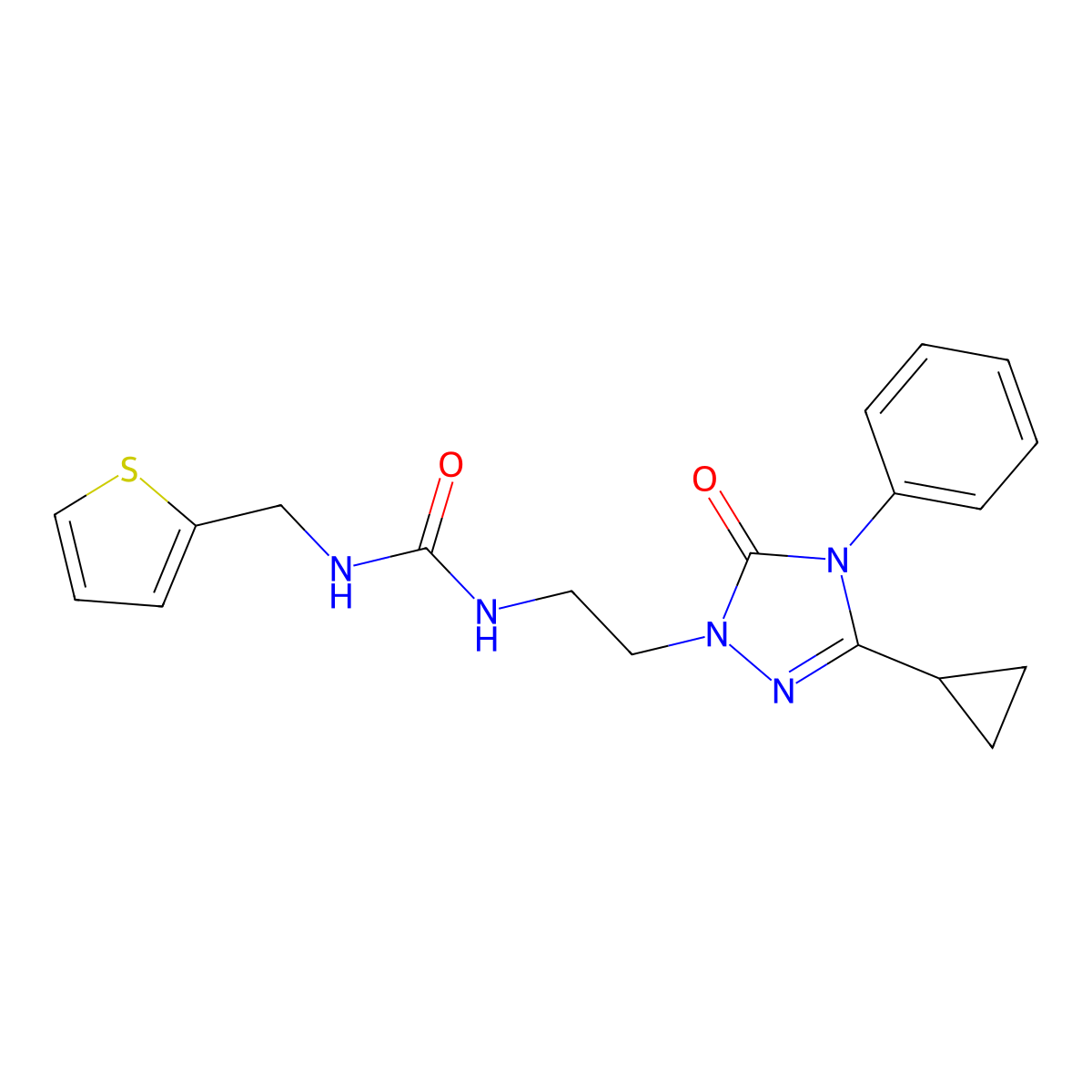1-(2-(3-cyclopropyl-5-oxo-4-phenyl-4,5-dihydro-1H-1,2,4-triazol-1-yl)ethyl)-3-(thiophen-2-ylmethyl)urea molecular structure, CAS 1396808-04-0