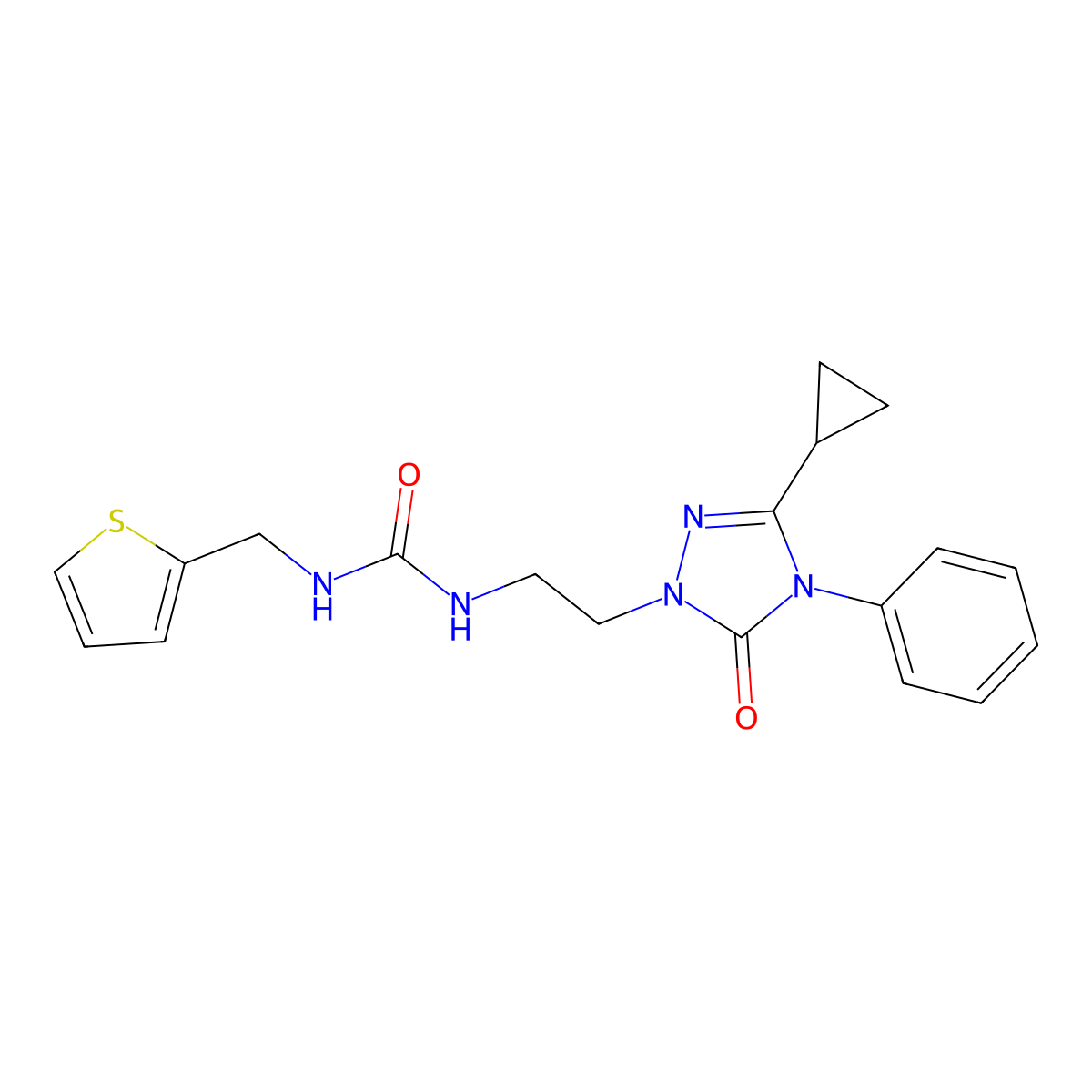 1-(2-(3-cyclopropyl-5-oxo-4-phenyl-4,5-dihydro-1H-1,2,4-triazol-1-yl)ethyl)-3-(thiophen-2-ylmethyl)urea molecular structure, CAS 1396808-04-0