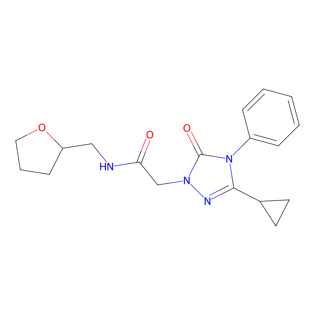 2-(3-cyclopropyl-5-oxo-4-phenyl-4,5-dihydro-1H-1,2,4-triazol-1-yl)-N-[(oxolan-2-yl)methyl]acetamide molecular structure, CAS 1396808-31-3