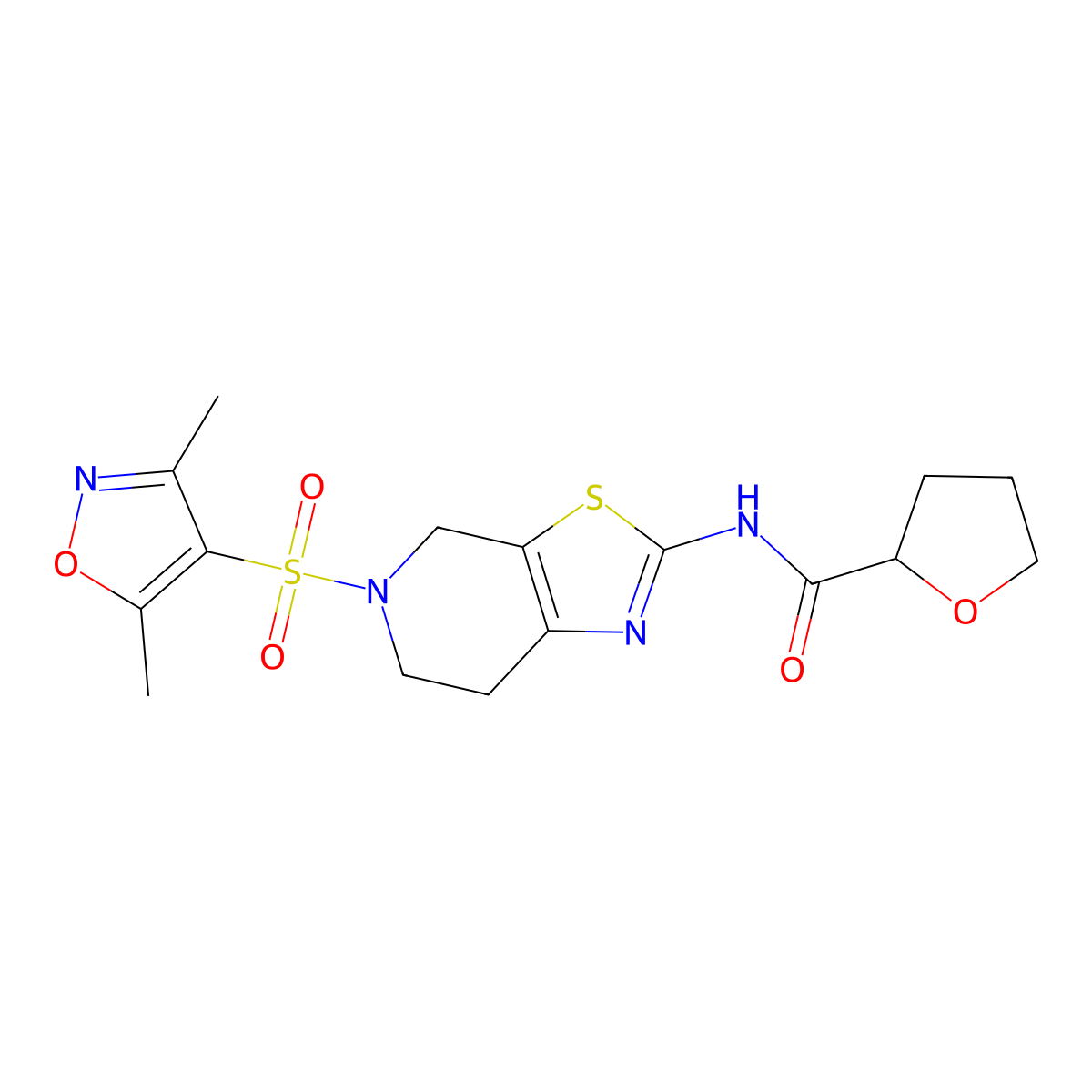 N-(5-((3,5-dimethylisoxazol-4-yl)sulfonyl)-4,5,6,7-tetrahydrothiazolo[5,4-c]pyridin-2-yl)tetrahydrofuran-2-carboxamide molecular structure, CAS 1396808-34-6