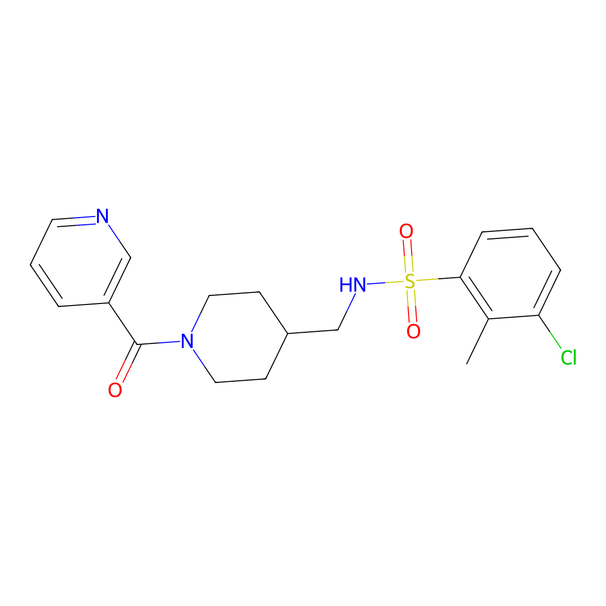 3-chloro-2-methyl-N-((1-nicotinoylpiperidin-4-yl)methyl)benzenesulfonamide molecular structure, CAS 1396808-36-8